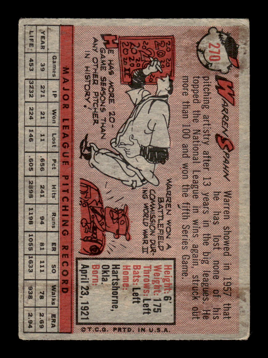 1958 Topps #270 Warren Spahn Milwaukee Braves VG HOF10009813