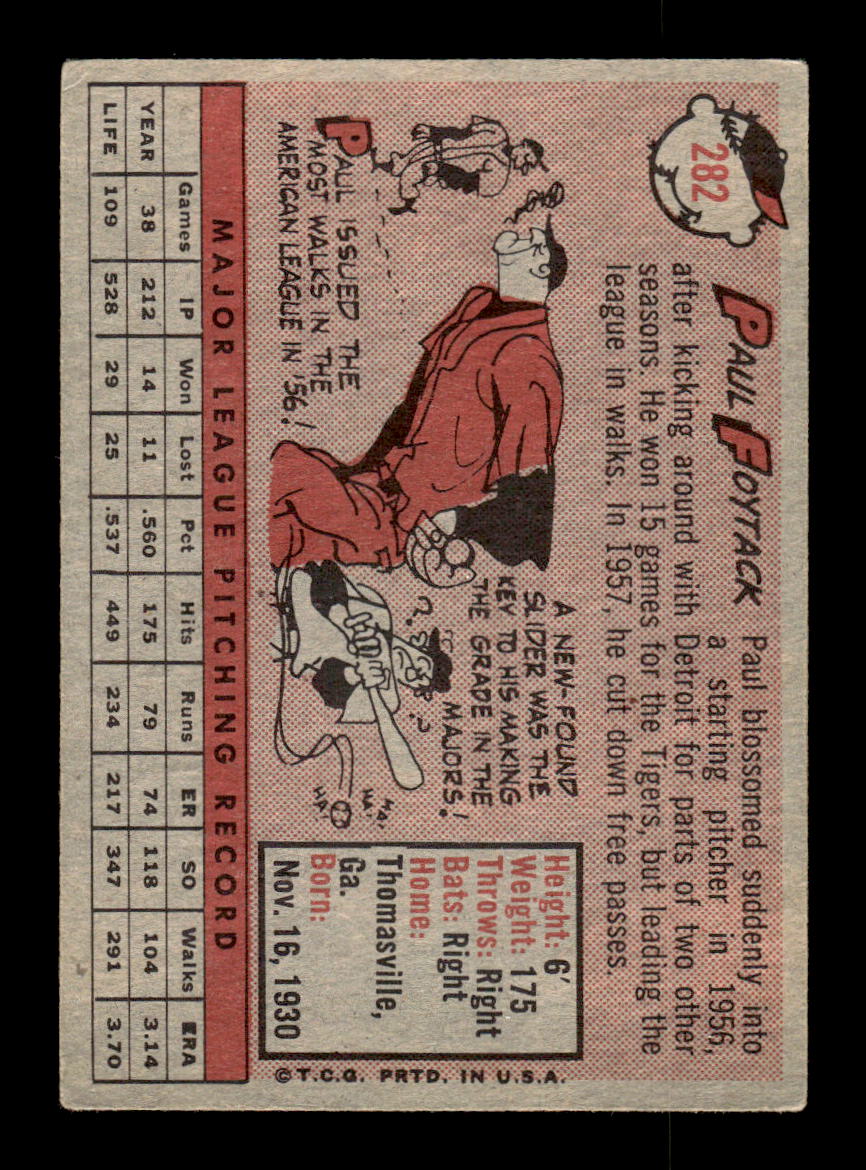 1958 Topps #282 Paul Foytack Detroit Tigers VGEX HOF10009825