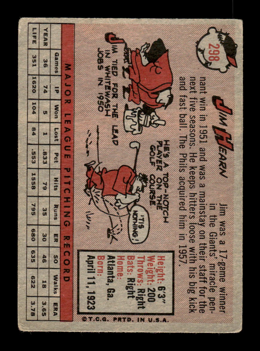 1958 Topps #298 Jim Hearn Philadelphia Phillies VGEX HOF10009841