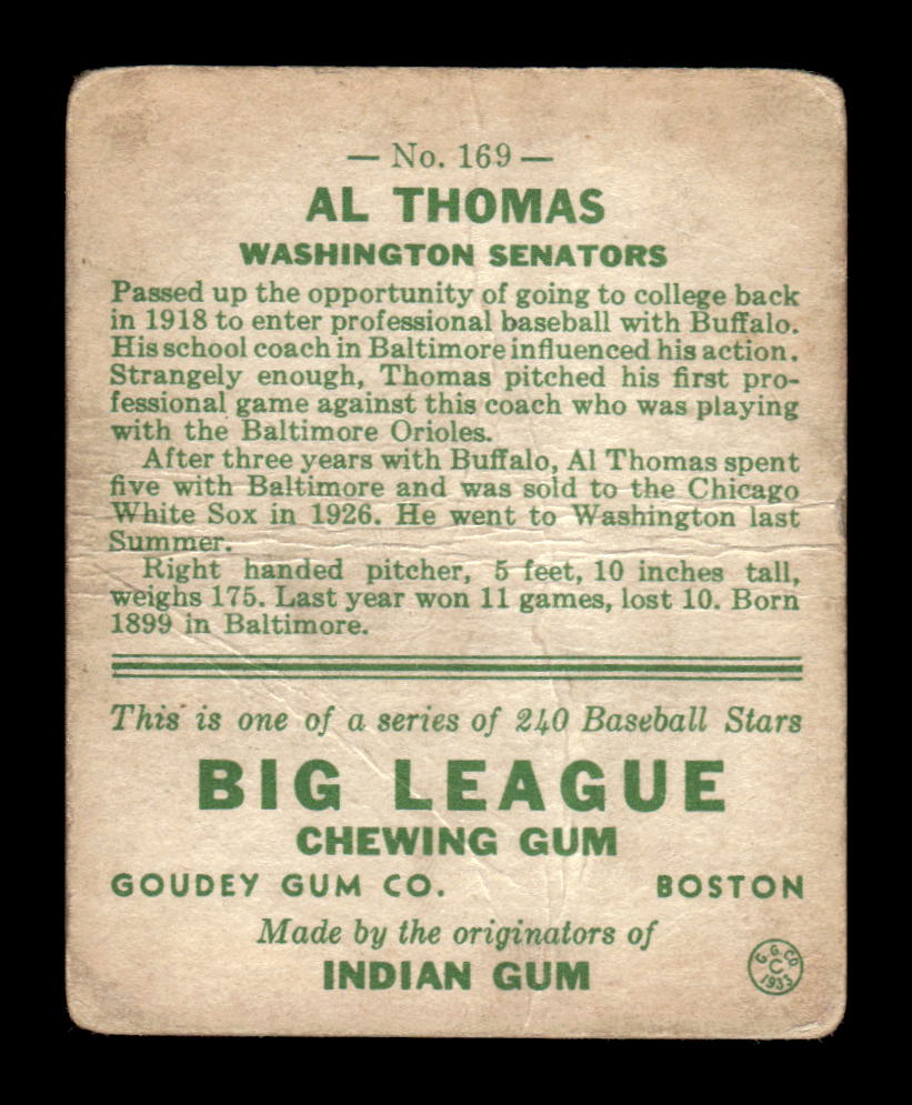 1933 Goudey (R319) #169 Al Thomas Washington Senators Poor HOF10009855