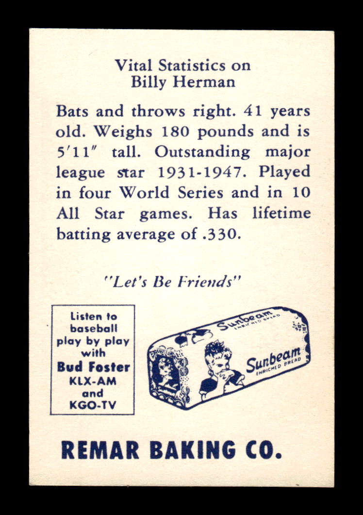 1950 Remar Bread Oakland Oaks #NNO Billy Herman Oakland Oaks EX HOF10009869