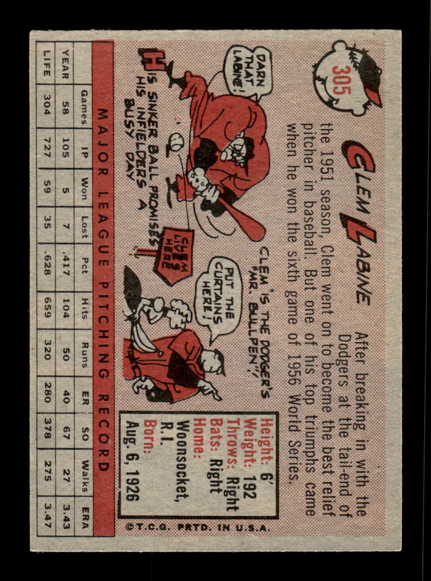 1958 Topps #305 Clem Labine Los Angeles Dodgers EX HOF10009880