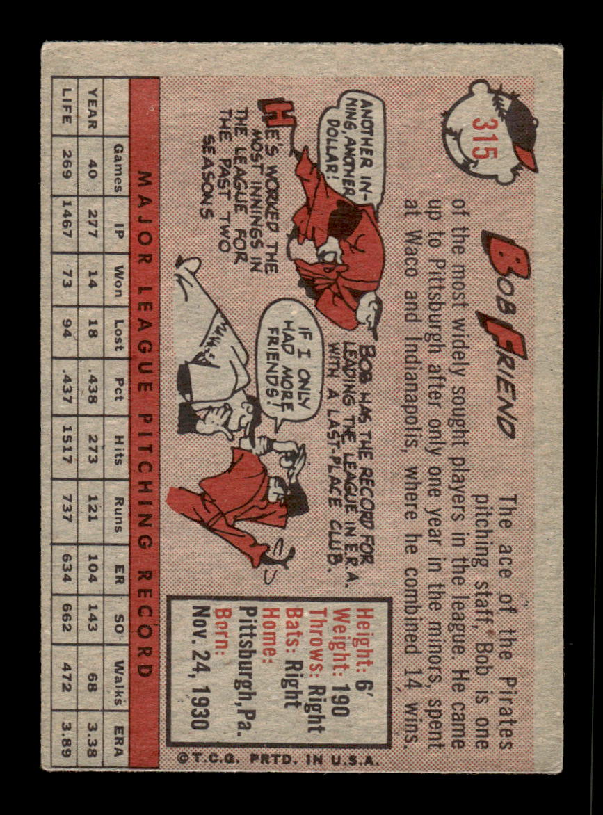 1958 Topps #315 Bob Friend Pittsburgh Pirates VGEX HOF10009888