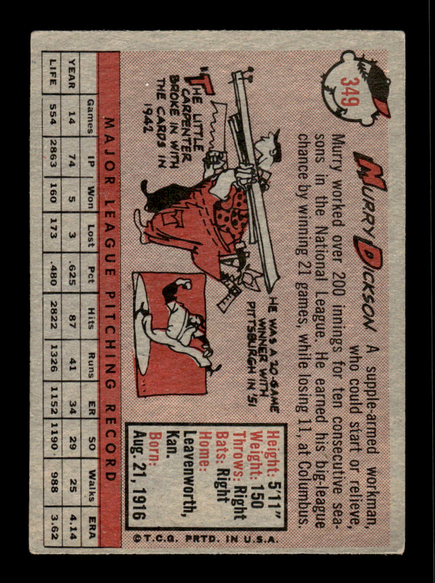1958 Topps #349 Murry Dickson Kansas City Athletics VGEX HOF10009917