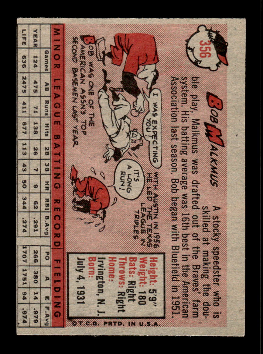 1958 Topps #356 Bob Malkmus Washington Senators VGEX HOF10009923