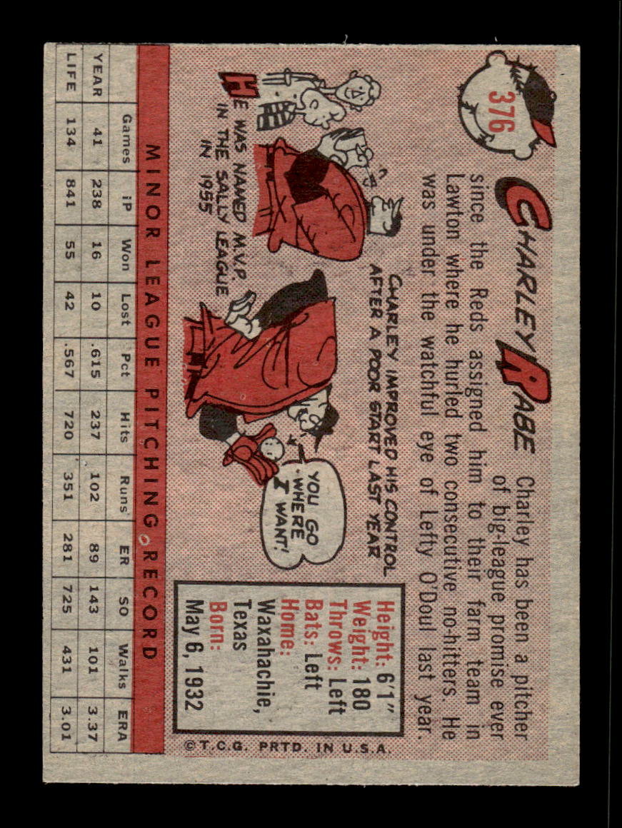 1958 Topps #376 Charley Rabe Cincinnati Redlegs VGEX HOF10009943