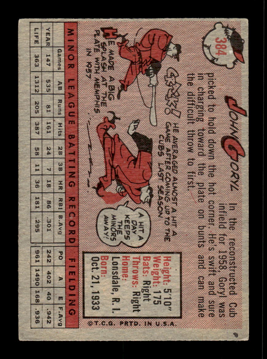1958 Topps #384 John Goryl Chicago Cubs VGEX HOF10009950