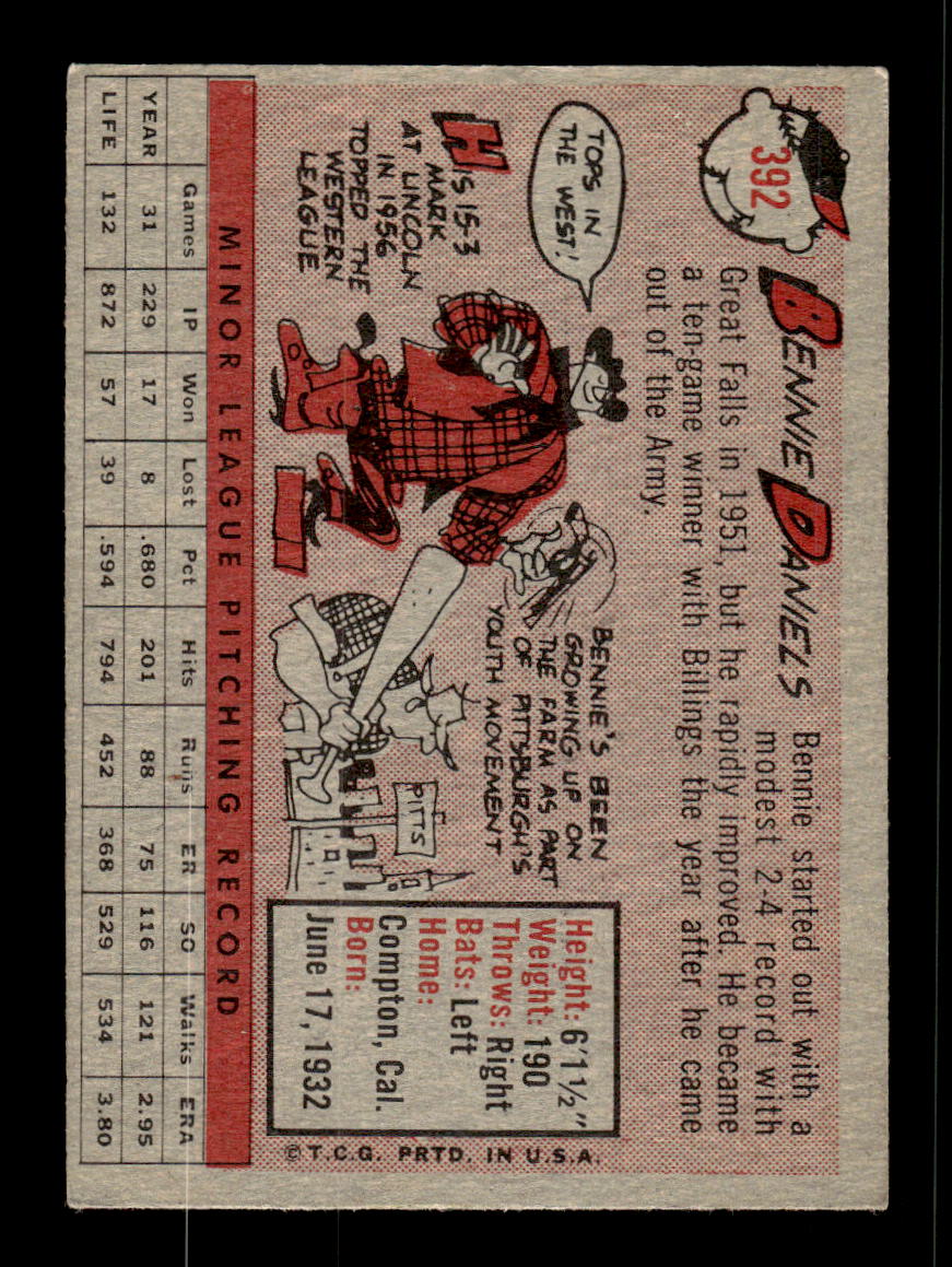 1958 Topps #392 Bennie Daniels Pittsburgh Pirates VGEX HOF10009957