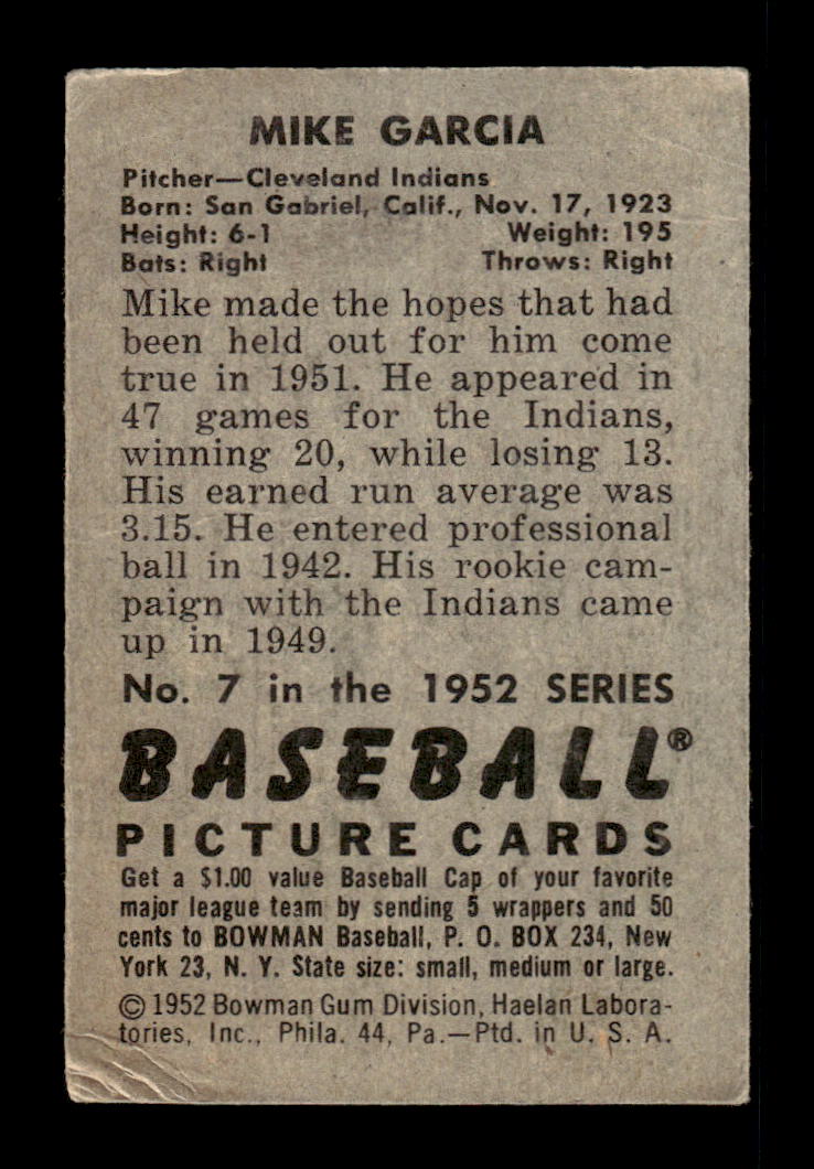 1952 Bowman #7 Mike Garcia Cleveland Indians VG HOF10009967