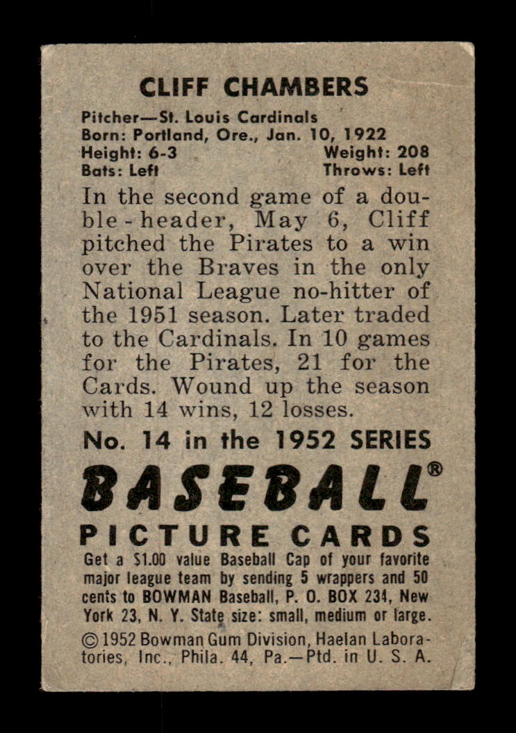 1952 Bowman #14 Cliff Chambers St. Louis Cardinals VG HOF10009971