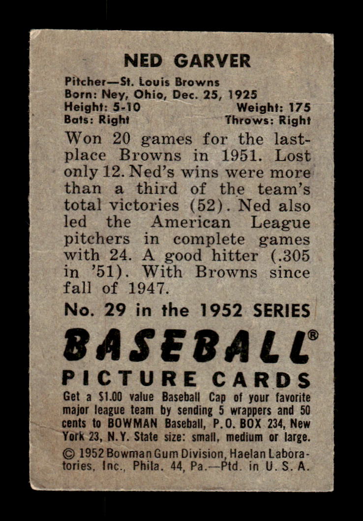 1952 Bowman #29 Ned Garver St. Louis Browns VG HOF10009978