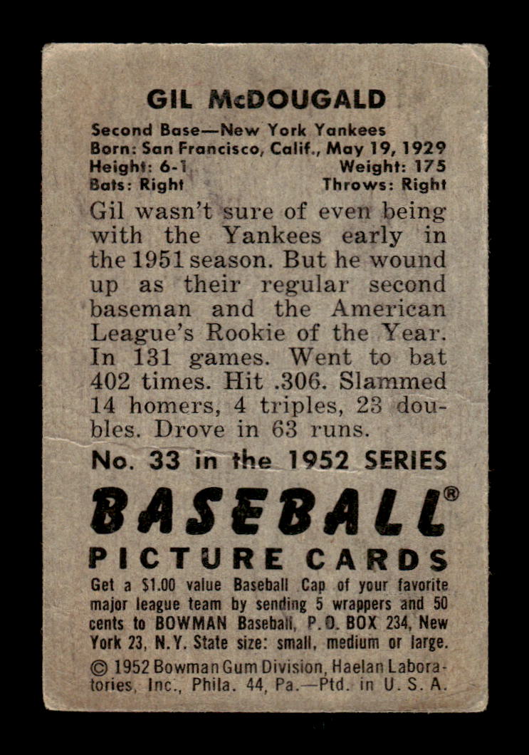 1952 Bowman #33 Gil McDougald New York Yankees VG HOF10009981
