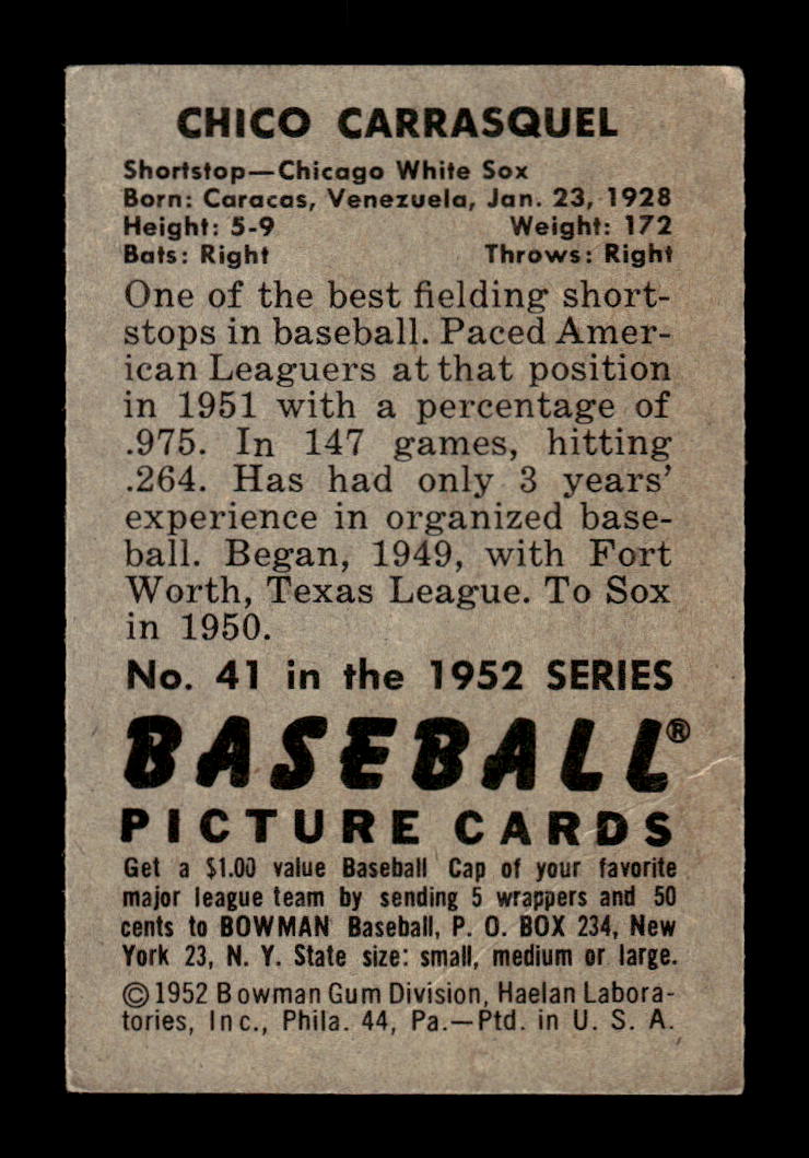 1952 Bowman #41 Chico Carrasquel Chicago White Sox VG HOF10009991