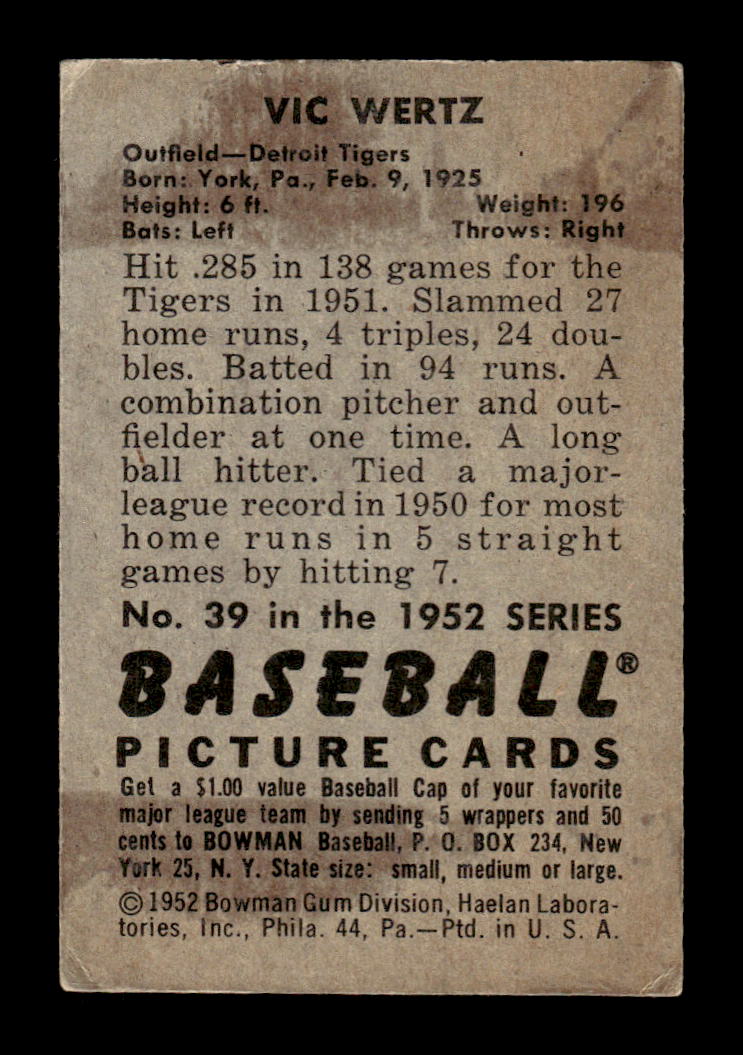 1952 Bowman #39 Vic Wertz Detroit Tigers VG HOF10009992