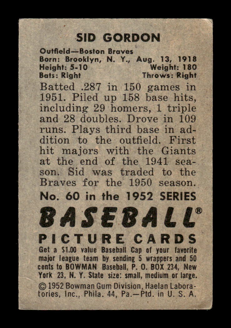 1952 Bowman #60 Sid Gordon Boston Braves VG HOF10009993