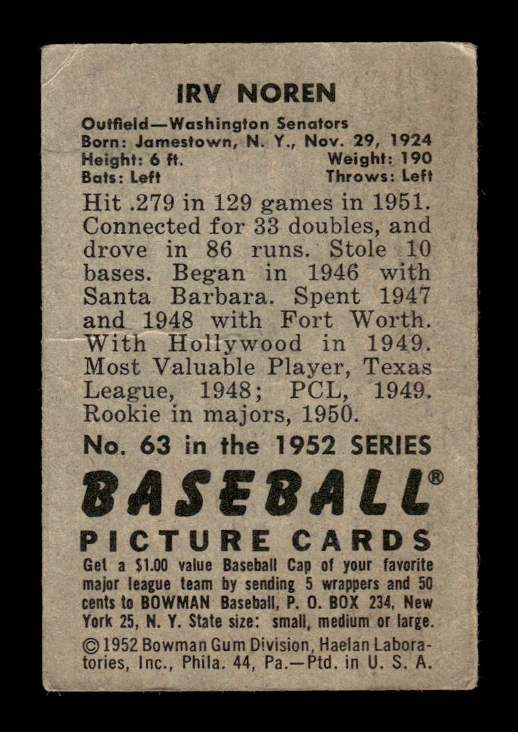 1952 Bowman #63 Irv Noren Washington Senators VG HOF10009996