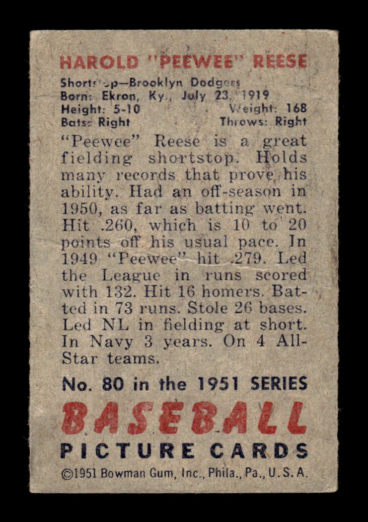 1951 Bowman #80 Pee Wee Reese Brooklyn Dodgers G/VG HOF10010026