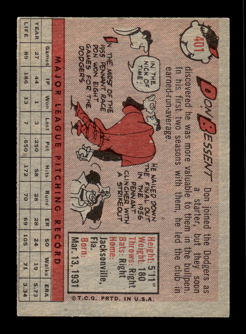 1958 Topps #401 Don Bessent Los Angeles Dodgers VGEX HOF10010029