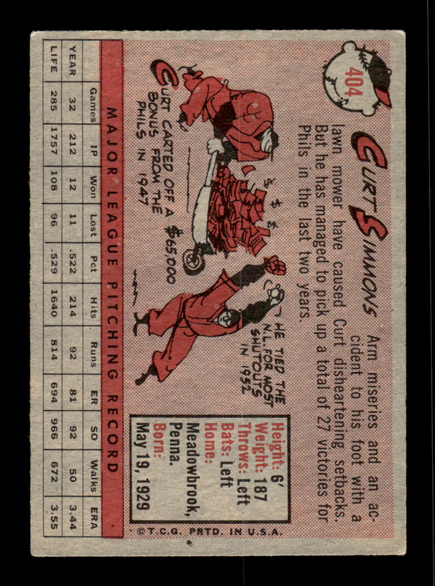 1958 Topps #404 Curt Simmons Philadelphia Phillies VGEX HOF10010032