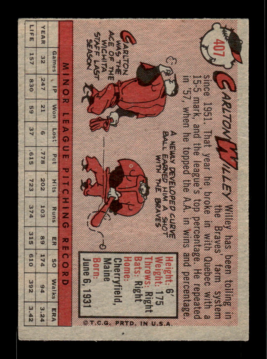 1958 Topps #407 Carlton Willey Milwaukee Braves VGEX HOF10010035