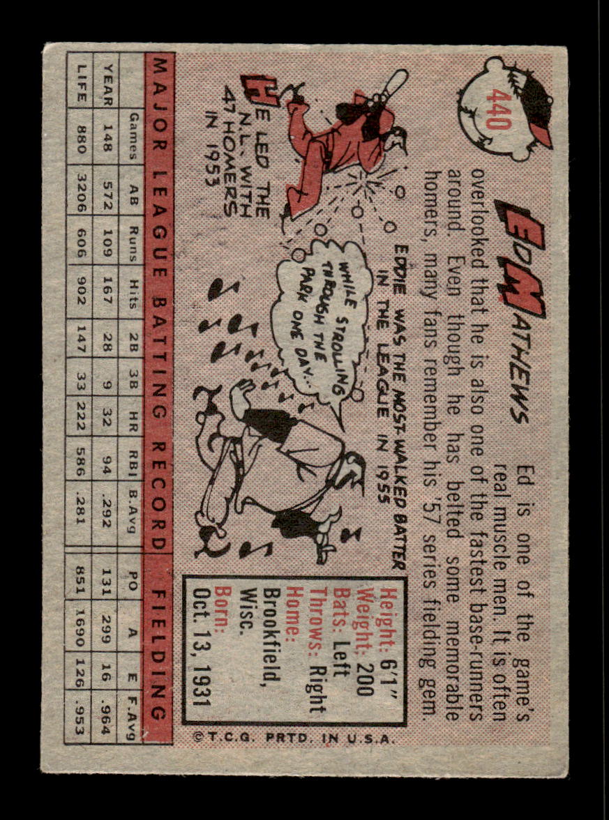 1958 Topps #440 Ed Mathews Milwaukee Braves VGEX HOF10010065