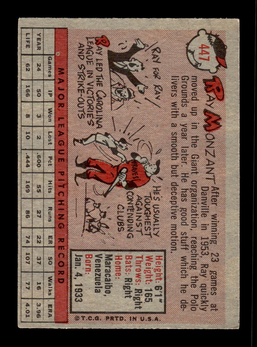 1958 Topps #447 Ray Monzant San Francisco Giants VGEX HOF10010072