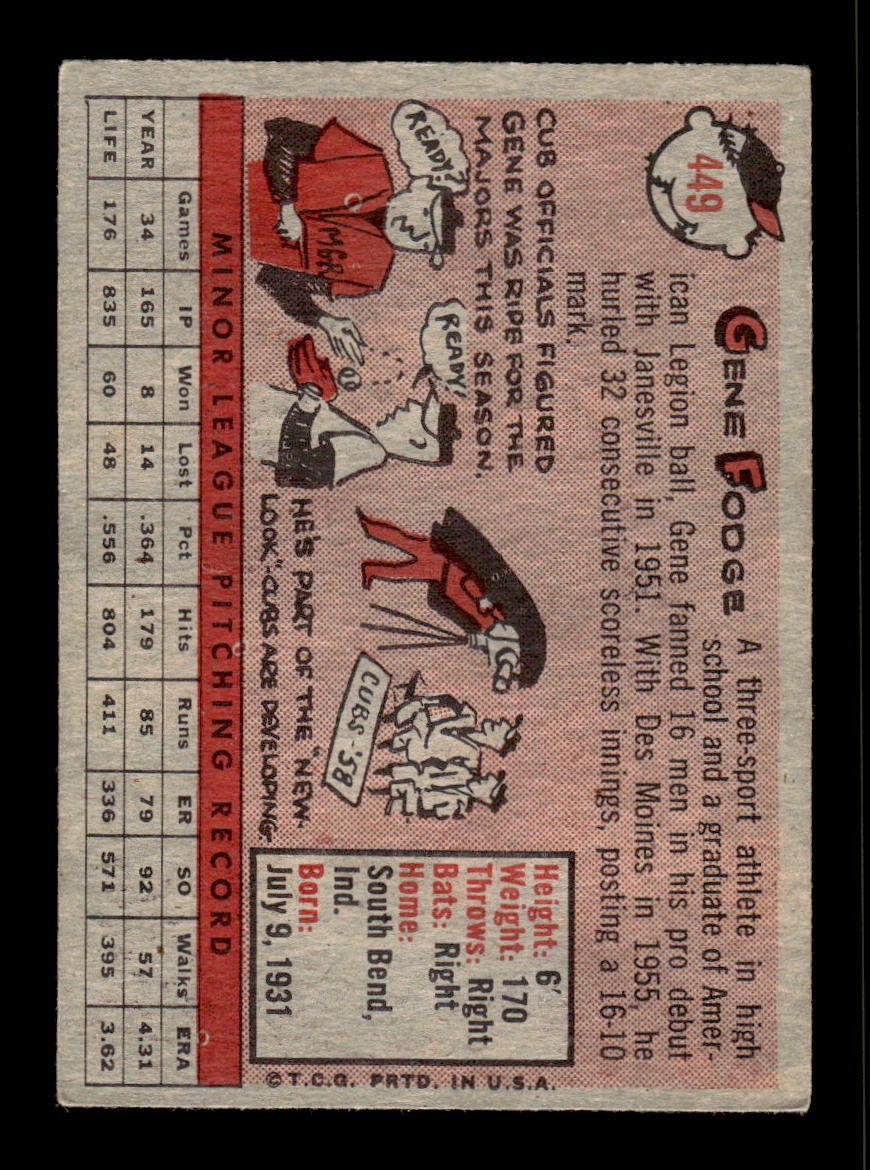 1958 Topps #449 Gene Fodge Chicago Cubs VGEX HOF10010074