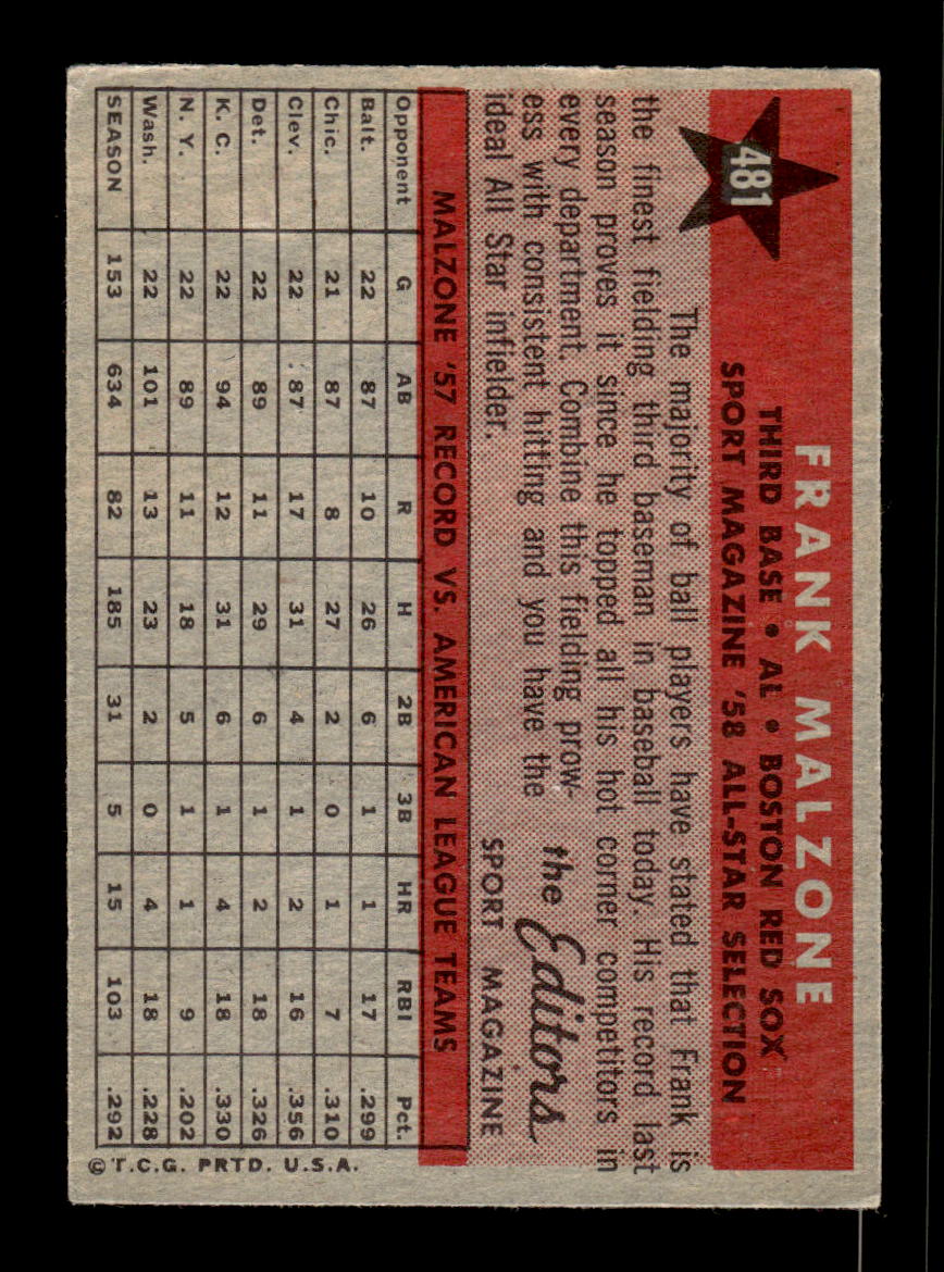 1958 Topps #481 Frank Malzone Boston Red Sox VGEX HOF10010082