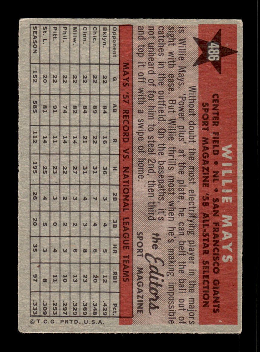 1958 Topps #486 Willie Mays San Francisco Giants VGEX HOF10010086