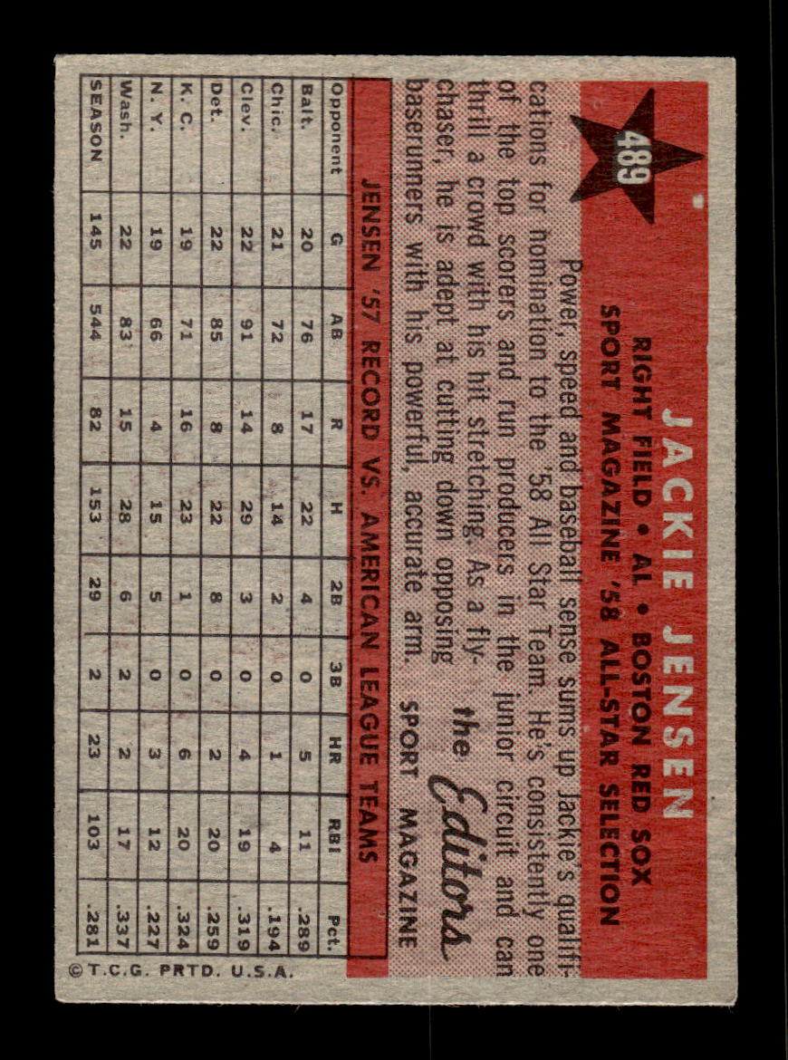 1958 Topps #489 Jackie Jensen Boston Red Sox VGEX HOF10010088