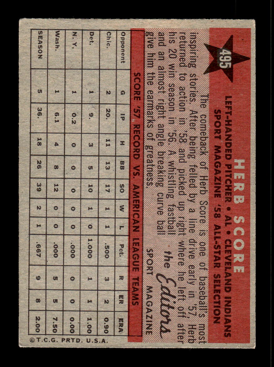 1958 Topps #495 Herb Score Cleveland Indians VGEX HOF10010094