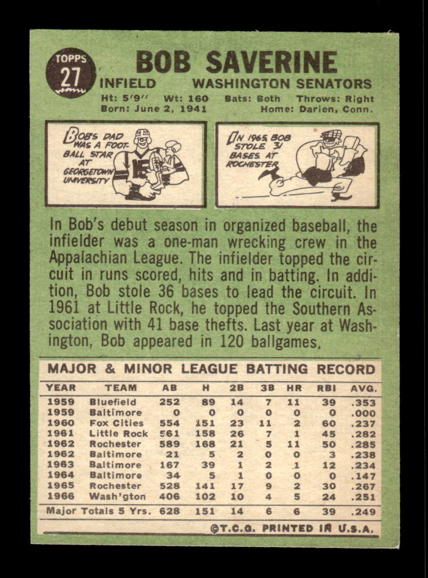 1967 Topps #27 Bob Saverine PACK FRESH HOF10010120