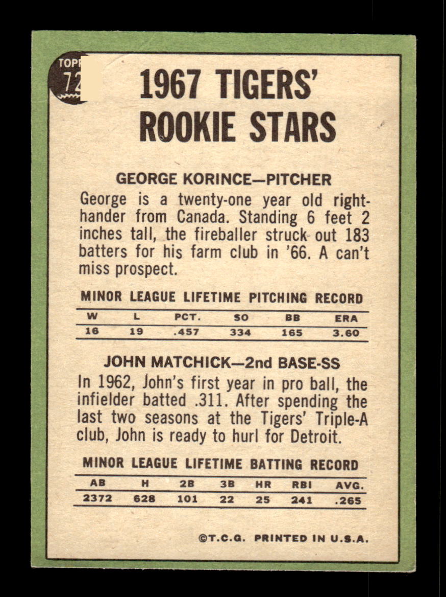 1967 Topps #72 Tigers 1967 Rookie Stars Korince Matchick PACK FRESH HOF10010161