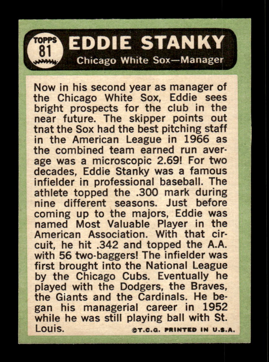 1967 Topps #81 Eddie Stanky PACK FRESH HOF10010170
