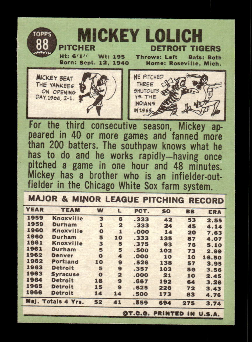 1967 Topps #88 Mickey Lolich PACK FRESH HOF10010177