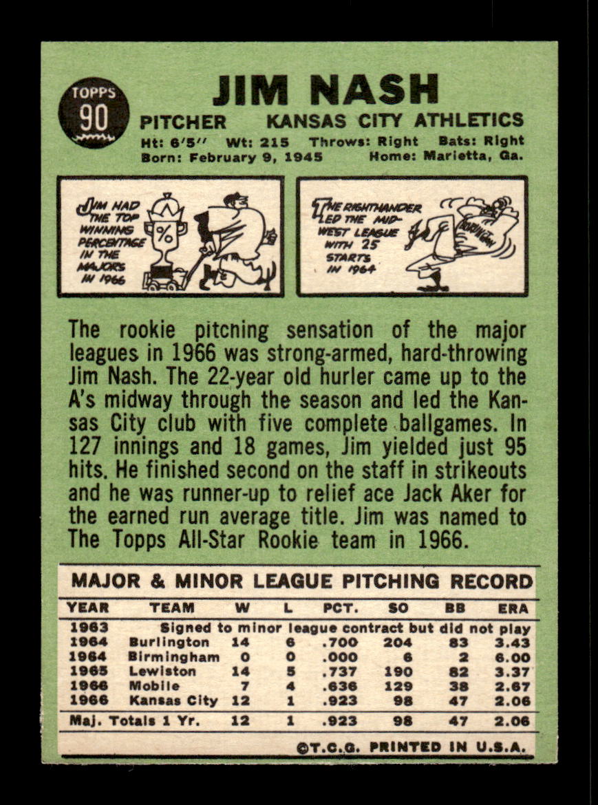 1967 Topps #90 Jim Nash PACK FRESH HOF10010179