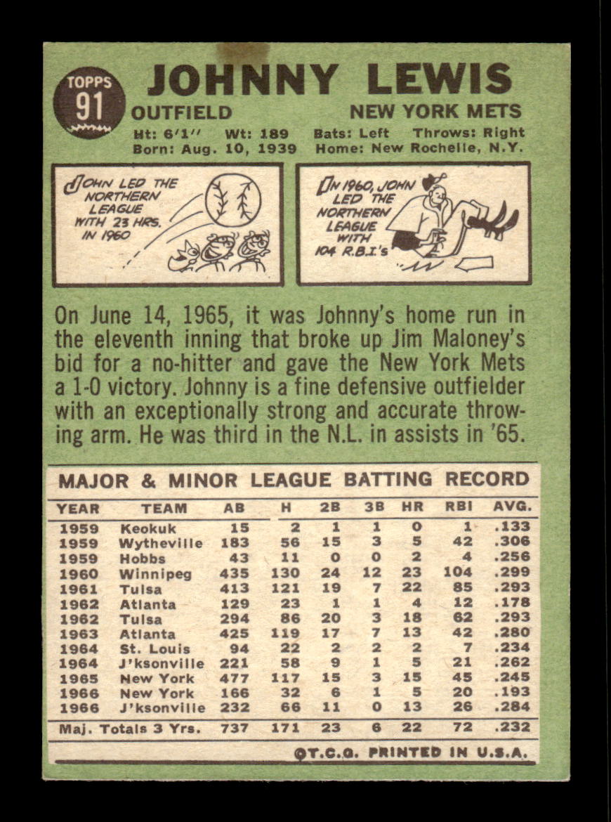 1967 Topps #91 Johnny Lewis PACK FRESH HOF10010180