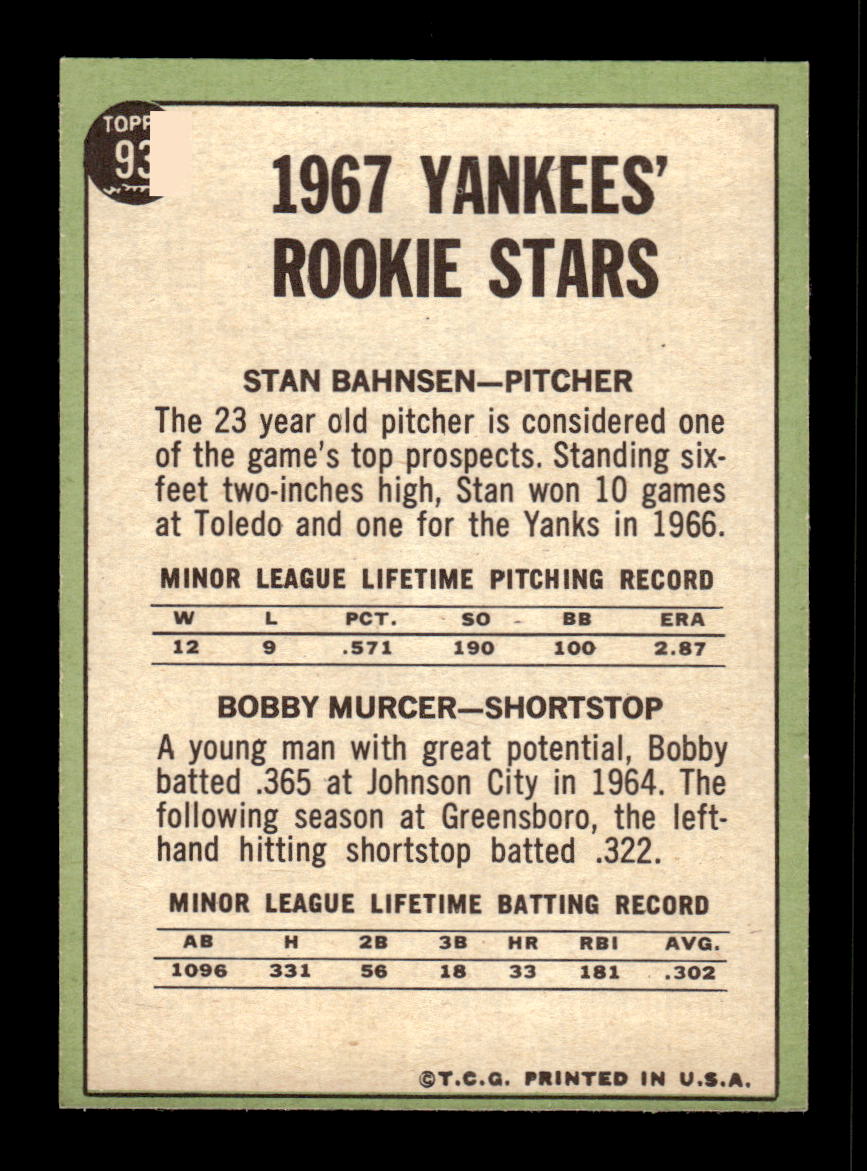 1967 Topps #93 Yankees 1967 Rookie Stars Bobby Murcer PACK FRESH HOF10010182