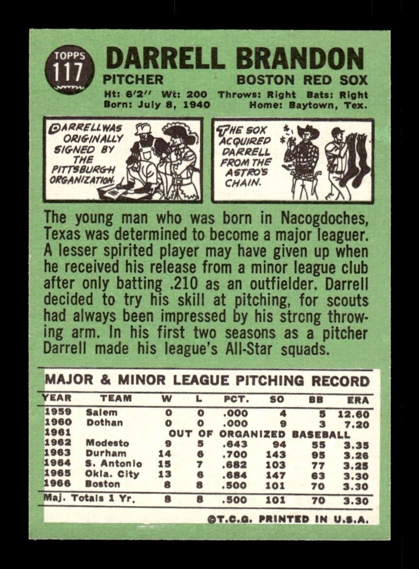 1967 Topps #117a Darrell Brandon PACK FRESH HOF10010204