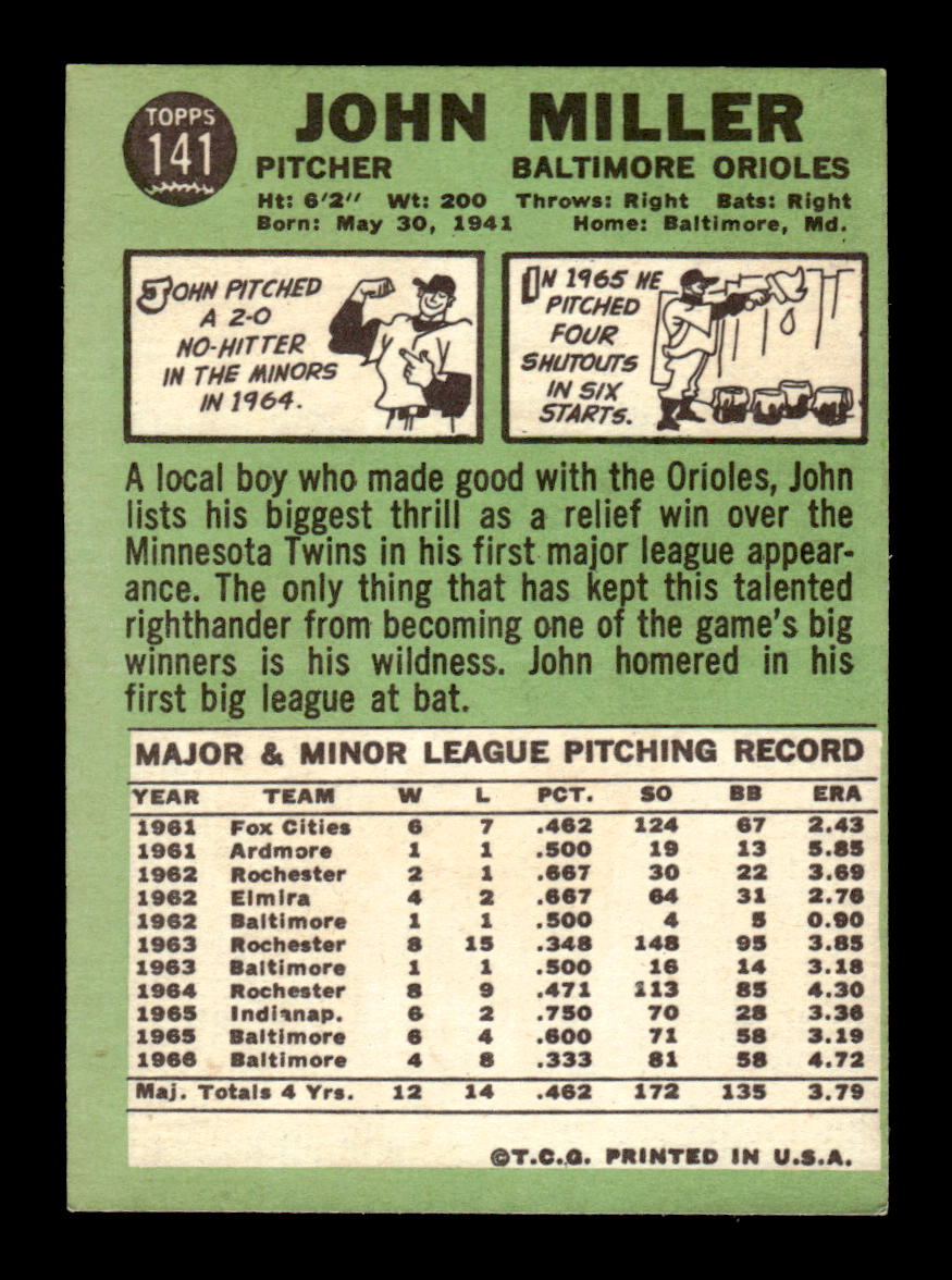 1967 Topps #141 John Miller PACK FRESH HOF10010228