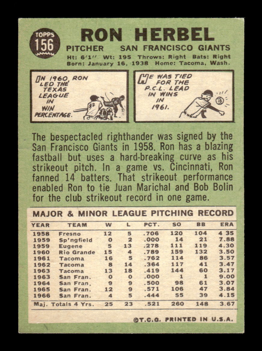 1967 Topps #156 Ron Herbel San Francisco Giants VGEX HOF10010240