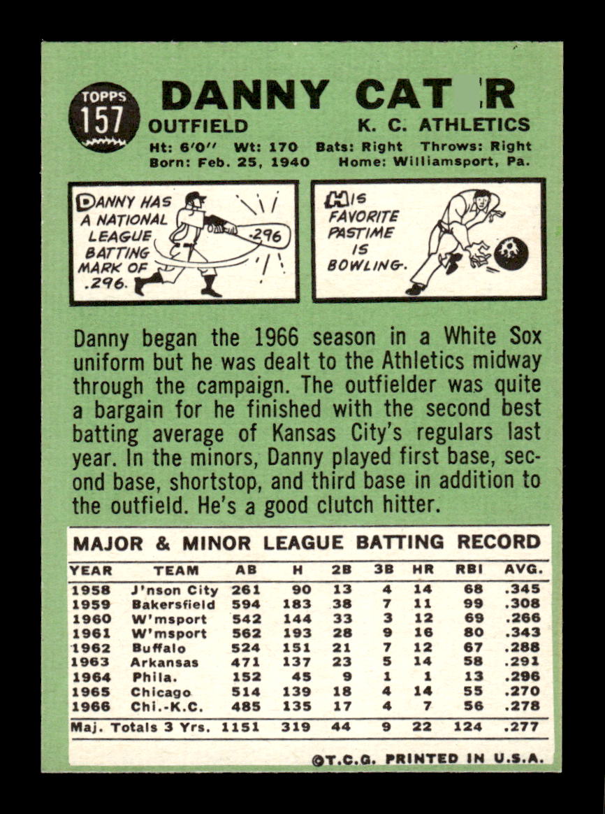 1967 Topps #157 Danny Cater PACK FRESH HOF10010241