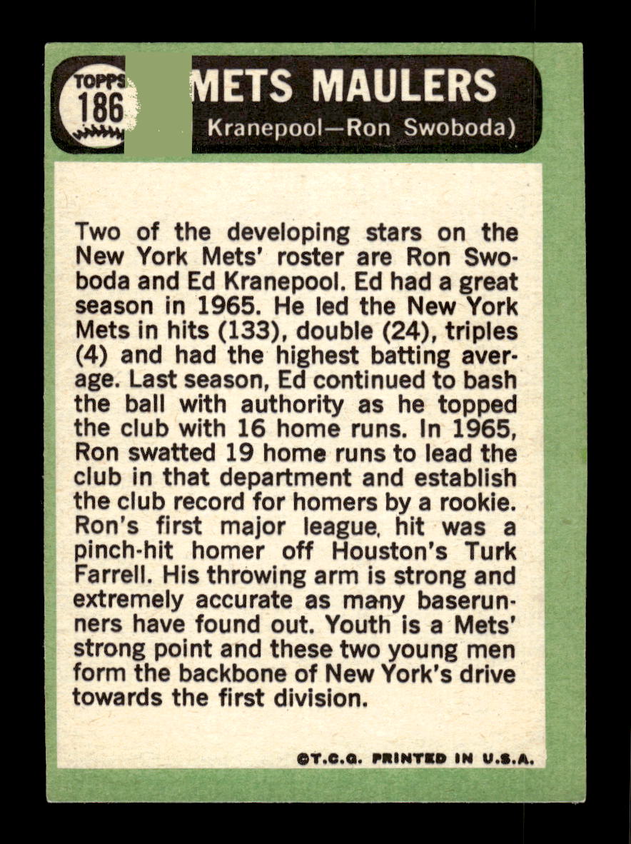 1967 Topps #186 Mets Maulers (Ed Kranepool / Ron Swoboda) PACK FRESH HOF10010268