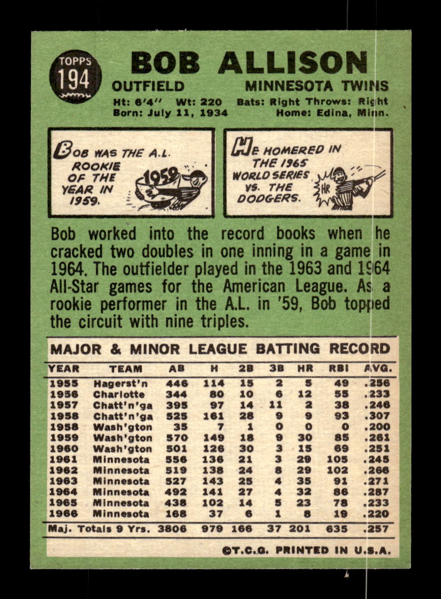 1967 Topps #194 Bob Allison PACK FRESH HOF10010275