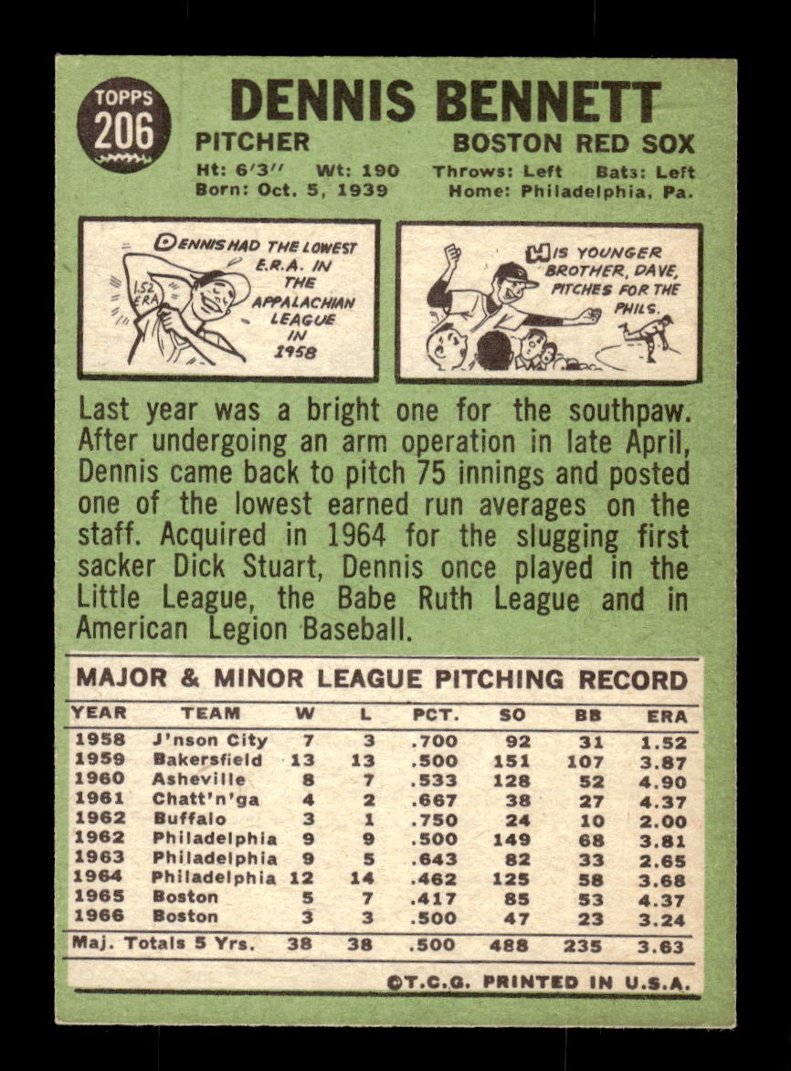 1967 Topps #206 Dennis Bennett PACK FRESH HOF10010284