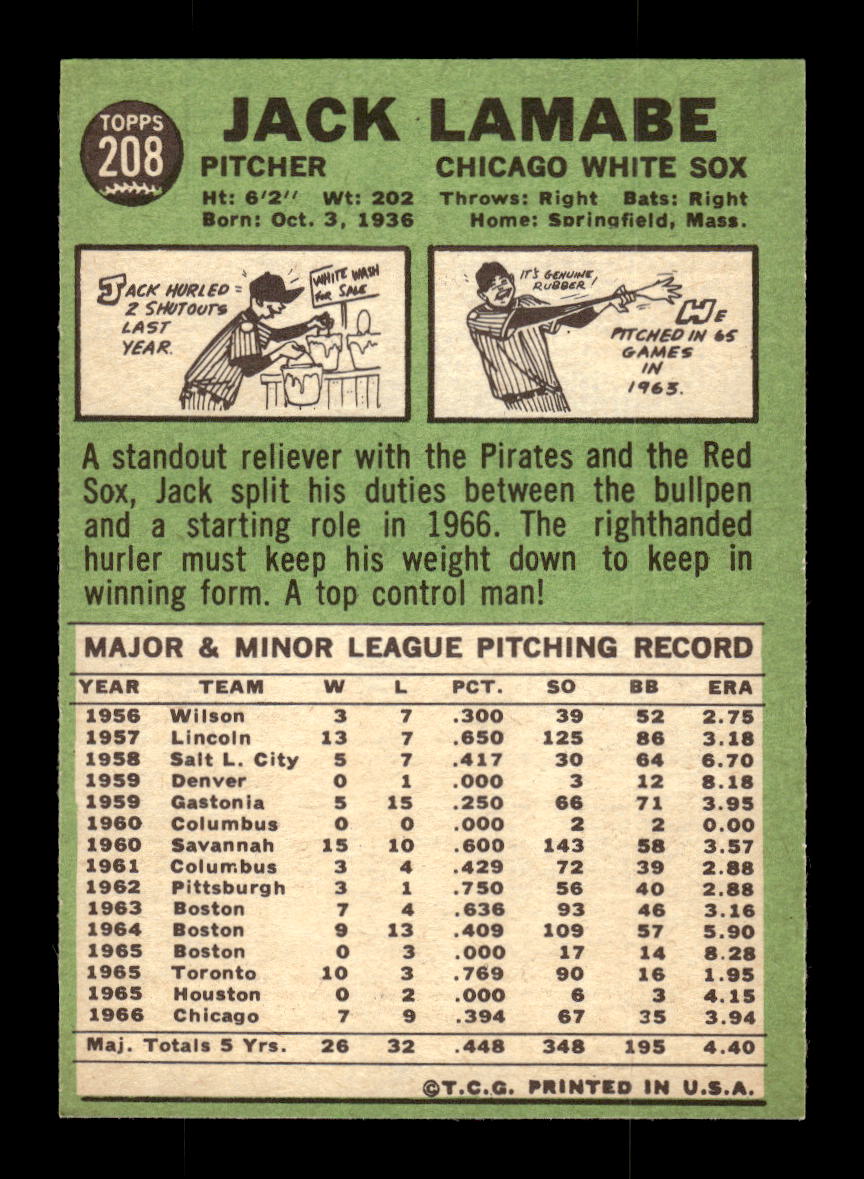 1967 Topps #208 Jack Lamabe PACK FRESH HOF10010286