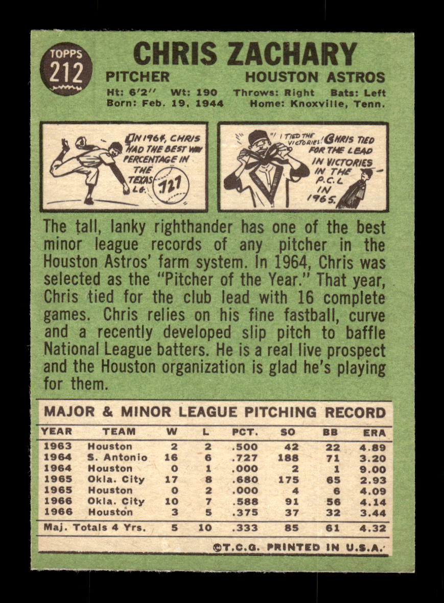 1967 Topps #212 Chris Zachary PACK FRESH HOF10010289