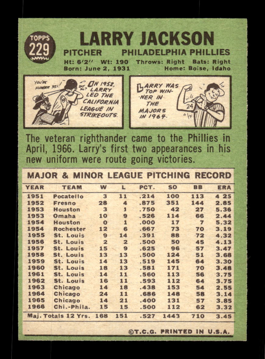 1967 Topps #229 Larry Jackson PACK FRESH HOF10010303