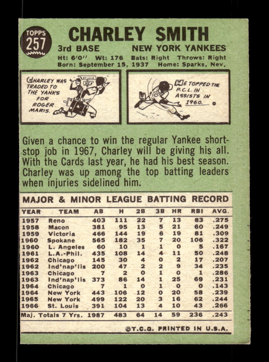 1967 Topps #257 Charley Smith New York Yankees VG HOF10010328