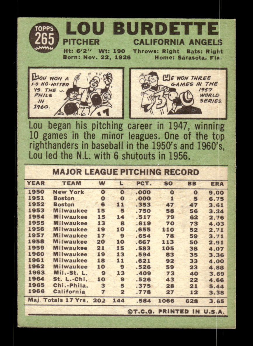 1967 Topps #265 Lew Burdette PACK FRESH HOF10010336